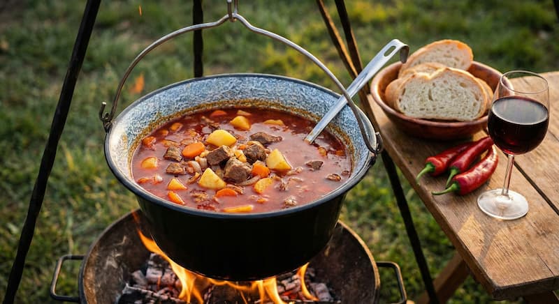 Traditional Hungarian goulash soup with tender beef, paprika broth, and csipetke noodles