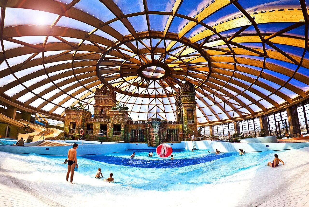 The wave pool at Aquaworld Budapest under the transparent dome