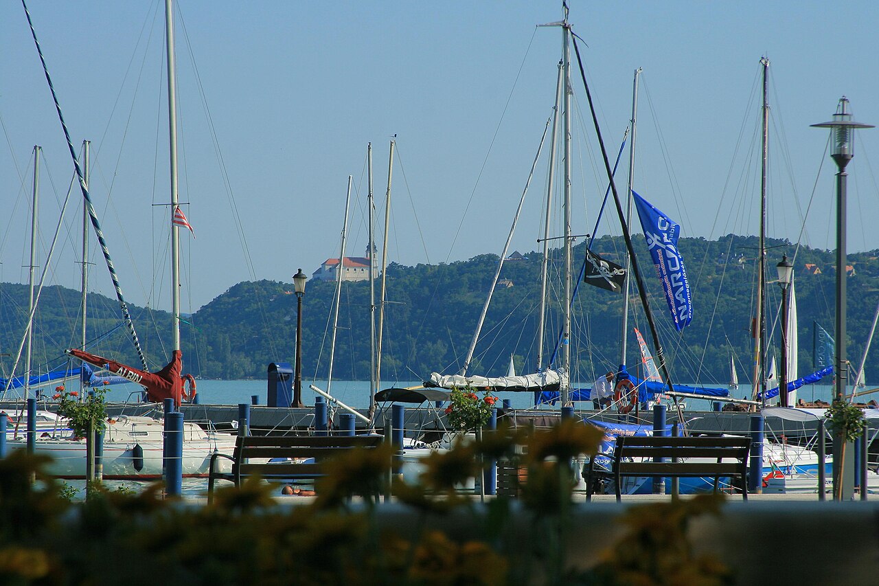 Lake Balaton at Balatonfüred, with the shoreline and hills of the north shore