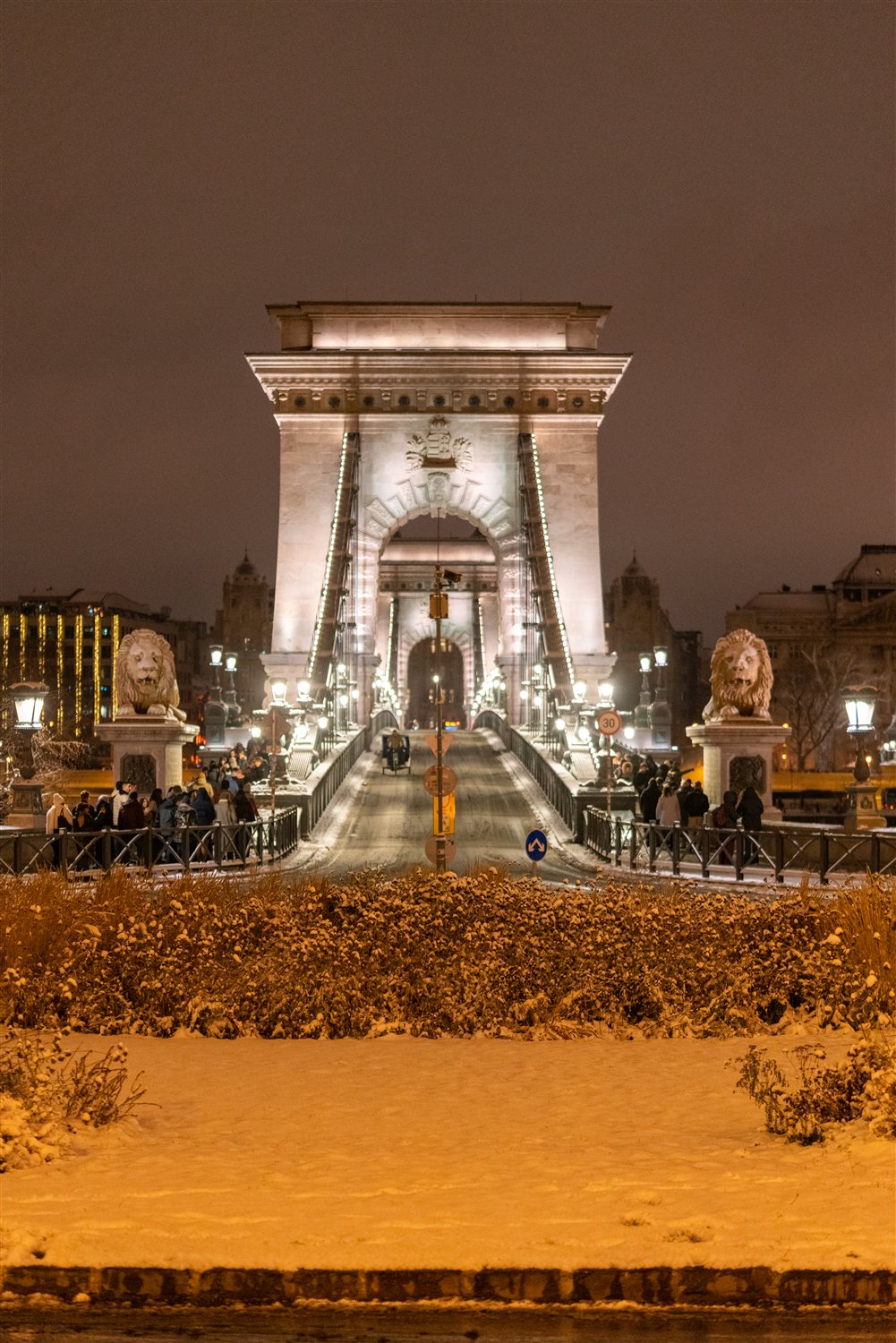 Il capotesta di Buda del Ponte delle Catene con le sue statue di leoni di pietra, illuminato di notte nella neve