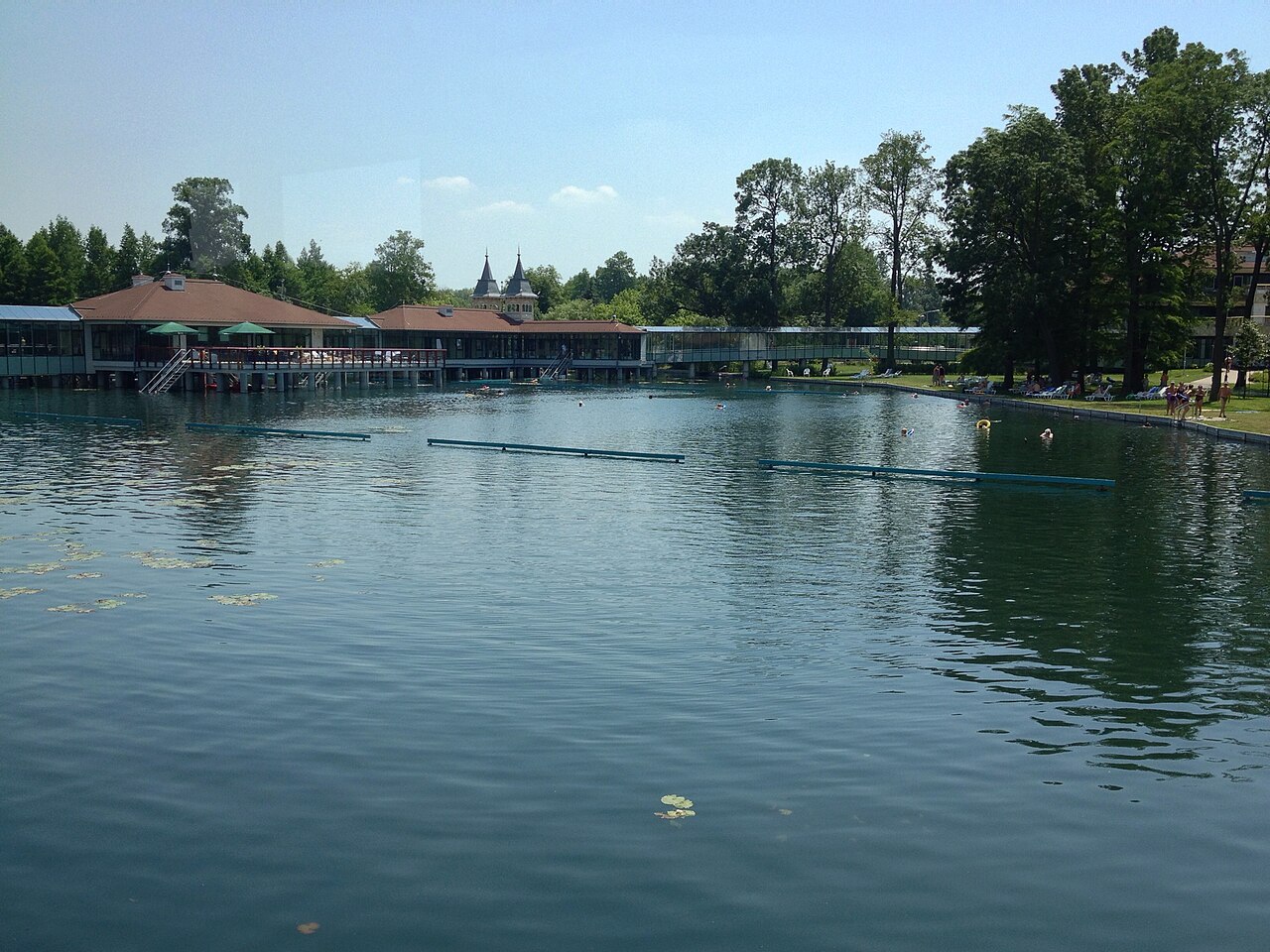 Wide view of Lake Hévíz in summer with bathers, floating lane markers and the bath buildings behind