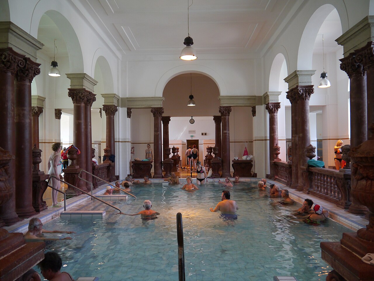 Indoor thermal pool at Széchenyi Bath under the Neo-Baroque arches