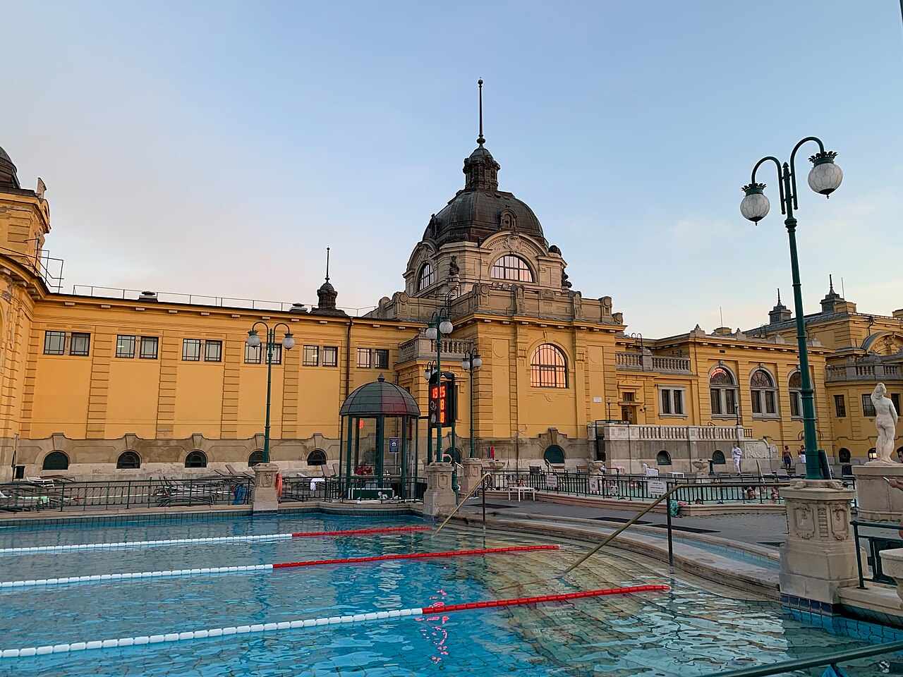 Bathers in the 38°C outdoor thermal pool at Széchenyi Bath, photographed in 2023