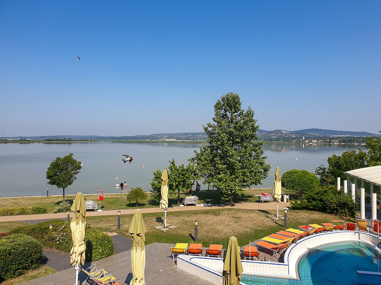 View across Lake Velence from inside the Velence Resort and Spa building