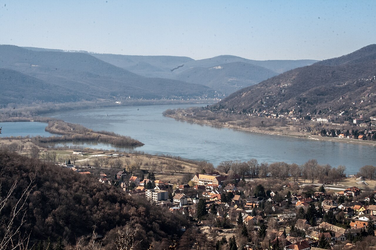 The Danube Bend seen from the walls of Visegrád Citadel, with the river curving around Szentendre Island