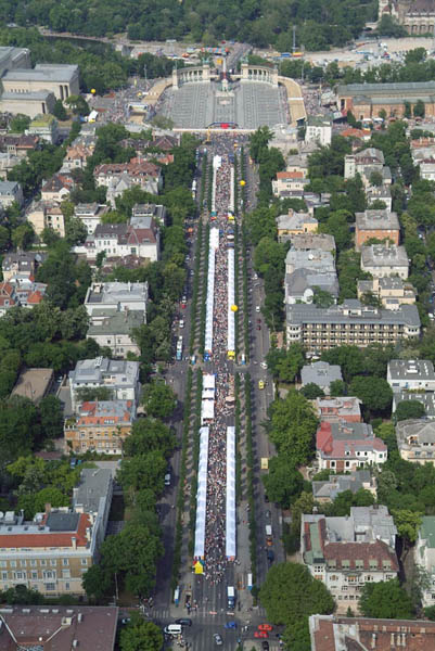 An aerial view along Andrássy Avenue toward Heroes’ Square, the tree-lined boulevard running to the Millennium Monument