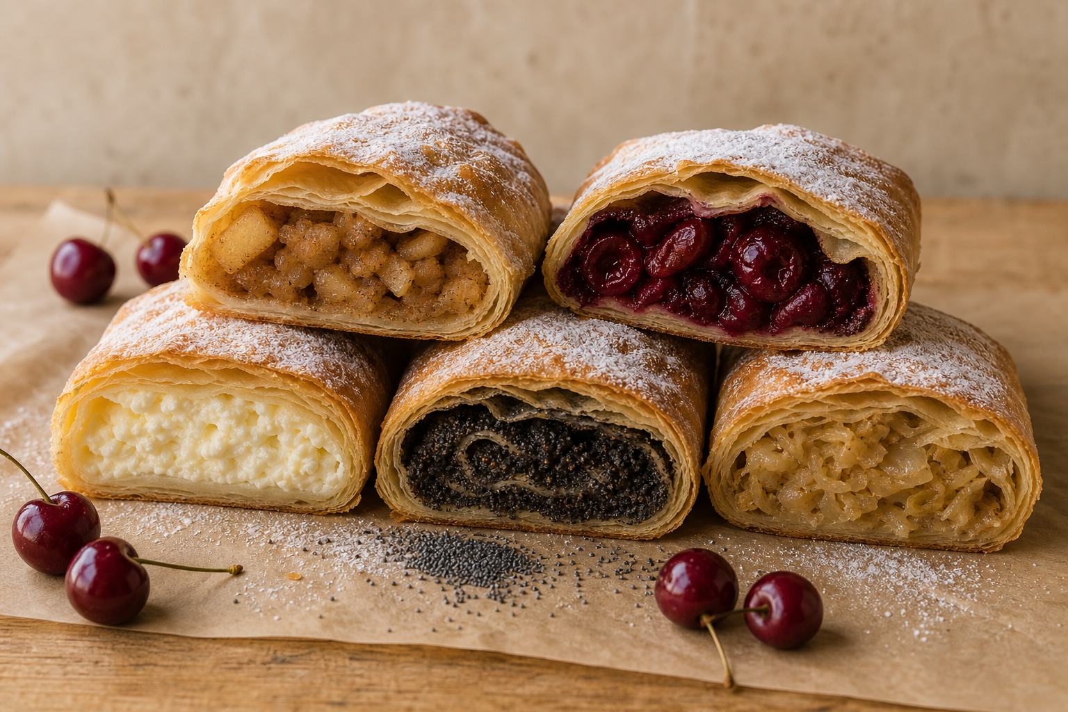 Five slices of Hungarian rétes cut open side by side, showing apple, sour cherry, curd cheese, poppy seed and cabbage fillings under a dusting of icing sugar