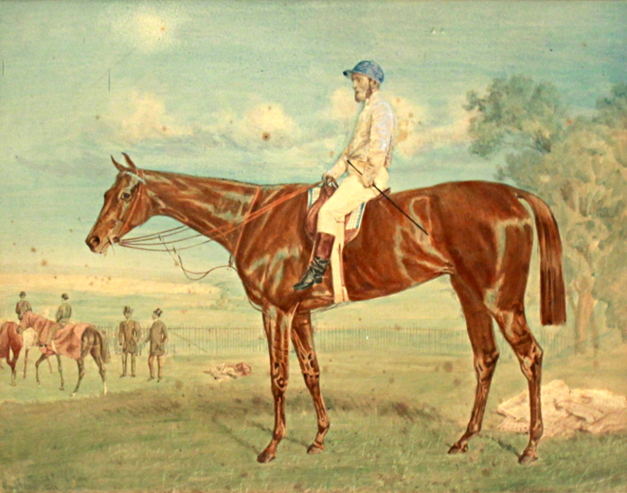 An 1878 painting of the racehorse Kincsem in the paddock at Baden-Baden after a win, by Emil Adam