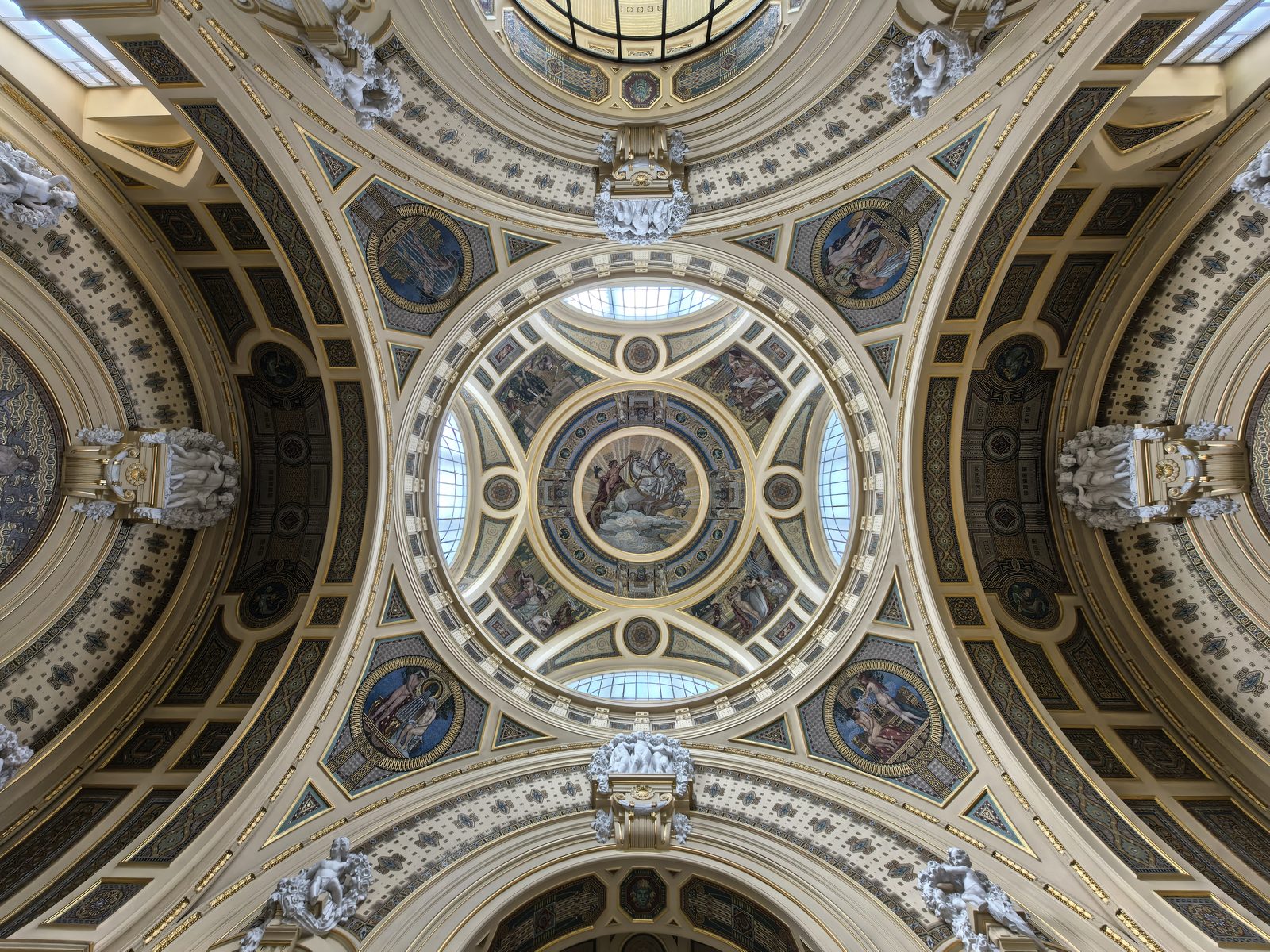 The frescoed entrance-hall dome of Széchenyi Thermal Bath seen from directly below