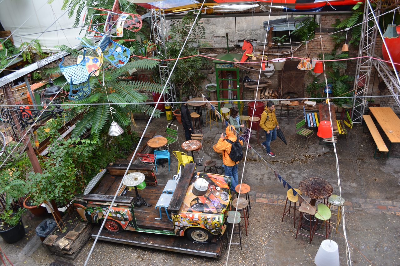 A Trabant car repurposed as seating inside Szimpla Kert, Budapest’s original ruin bar
