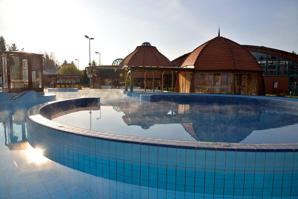An empty outdoor thermal pool with steam rising off the surface, the curved blue-tiled edge sweeping across the foreground and low sun flaring on the water, with the bath’s timber pavilions under conical shingled roofs and bare trees behind