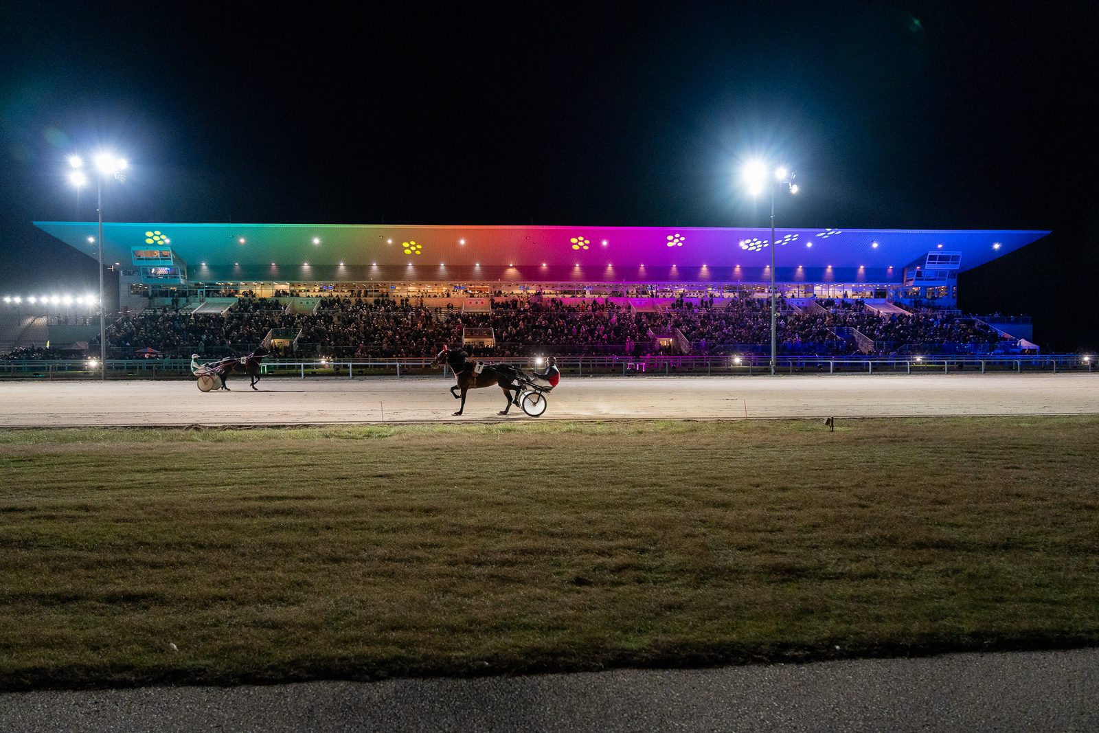 Trotones con sulkys y conductores pasan frente a la tribuna iluminada de Kincsem Park de noche, con el techo en colores del arcoíris y las gradas llenas
