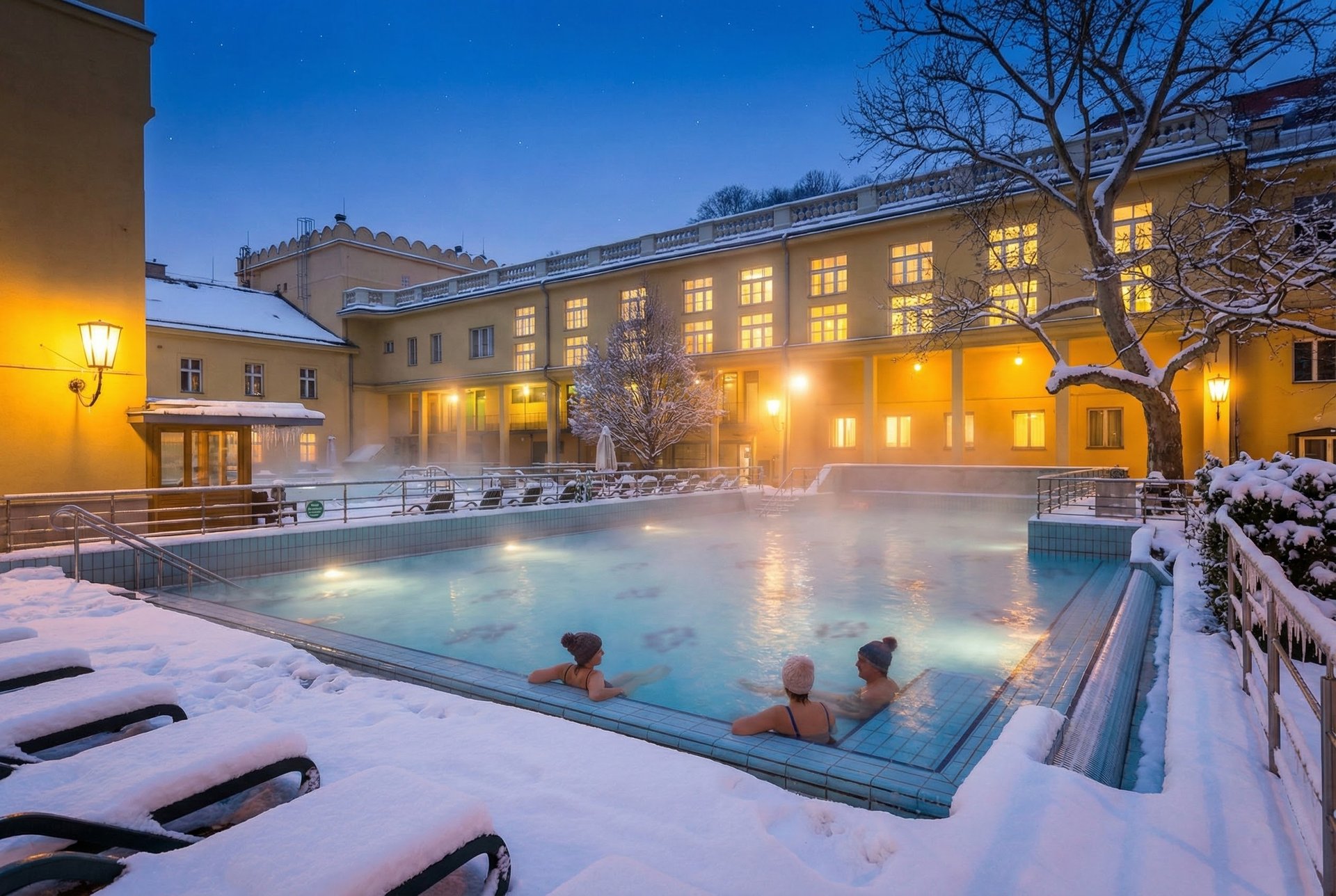Lukács Baths’ outdoor thermal pool in winter, Budapest