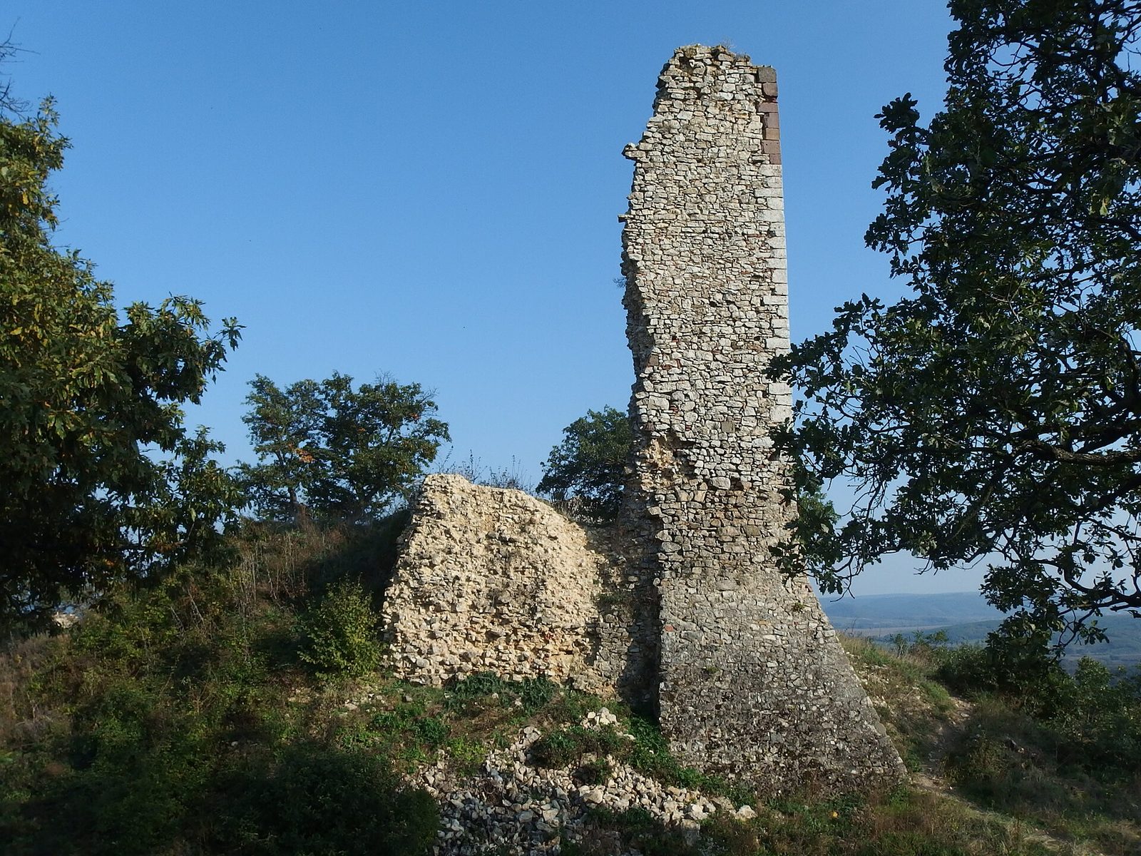 A tall, narrow stump of a stone watchtower beside a lower wall fragment, framed by trees against a blue sky, with distant hills on the right