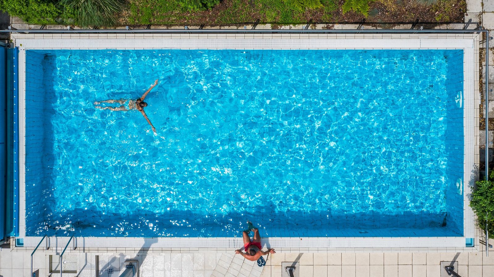 A swimmer in the outdoor pool of the Ensana Thermal Margaret Island, seen from directly above