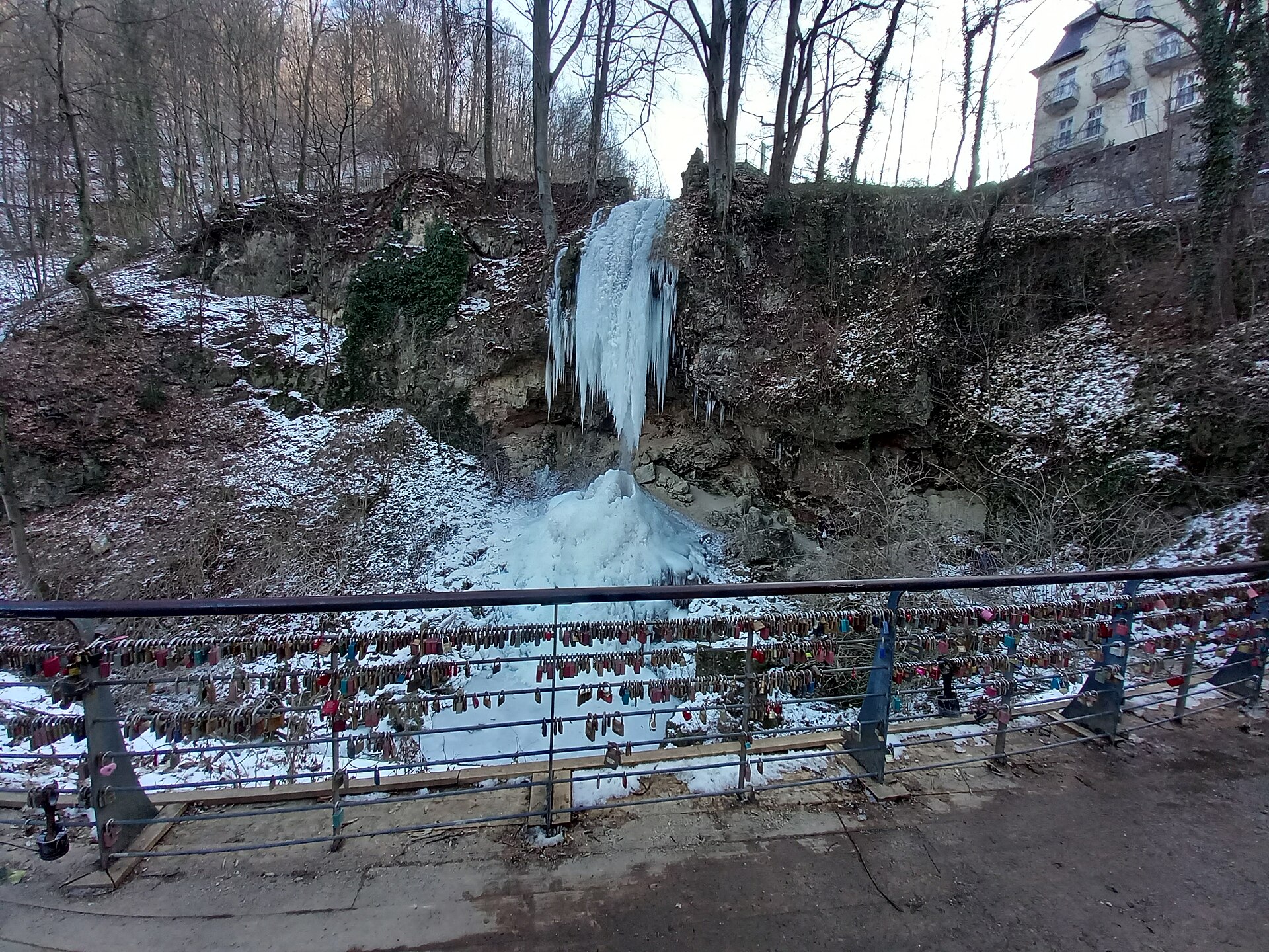The Lillafüred waterfall frozen in winter