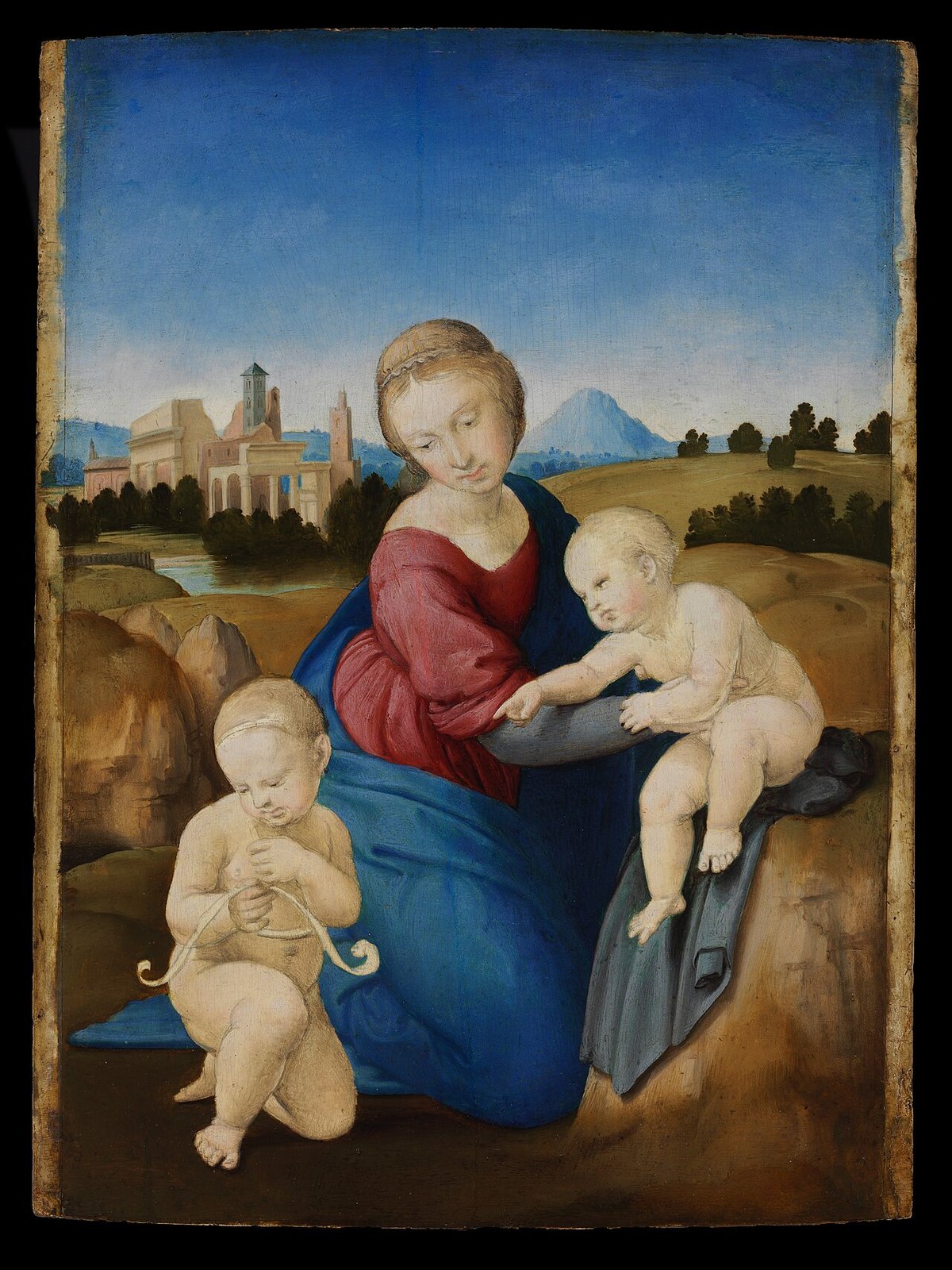 Raphael’s Esterházy Madonna: the Virgin kneeling in a blue mantle, the Christ Child seated on a rock beside her and the infant Saint John kneeling with a scroll, ruins and a blue mountain behind
