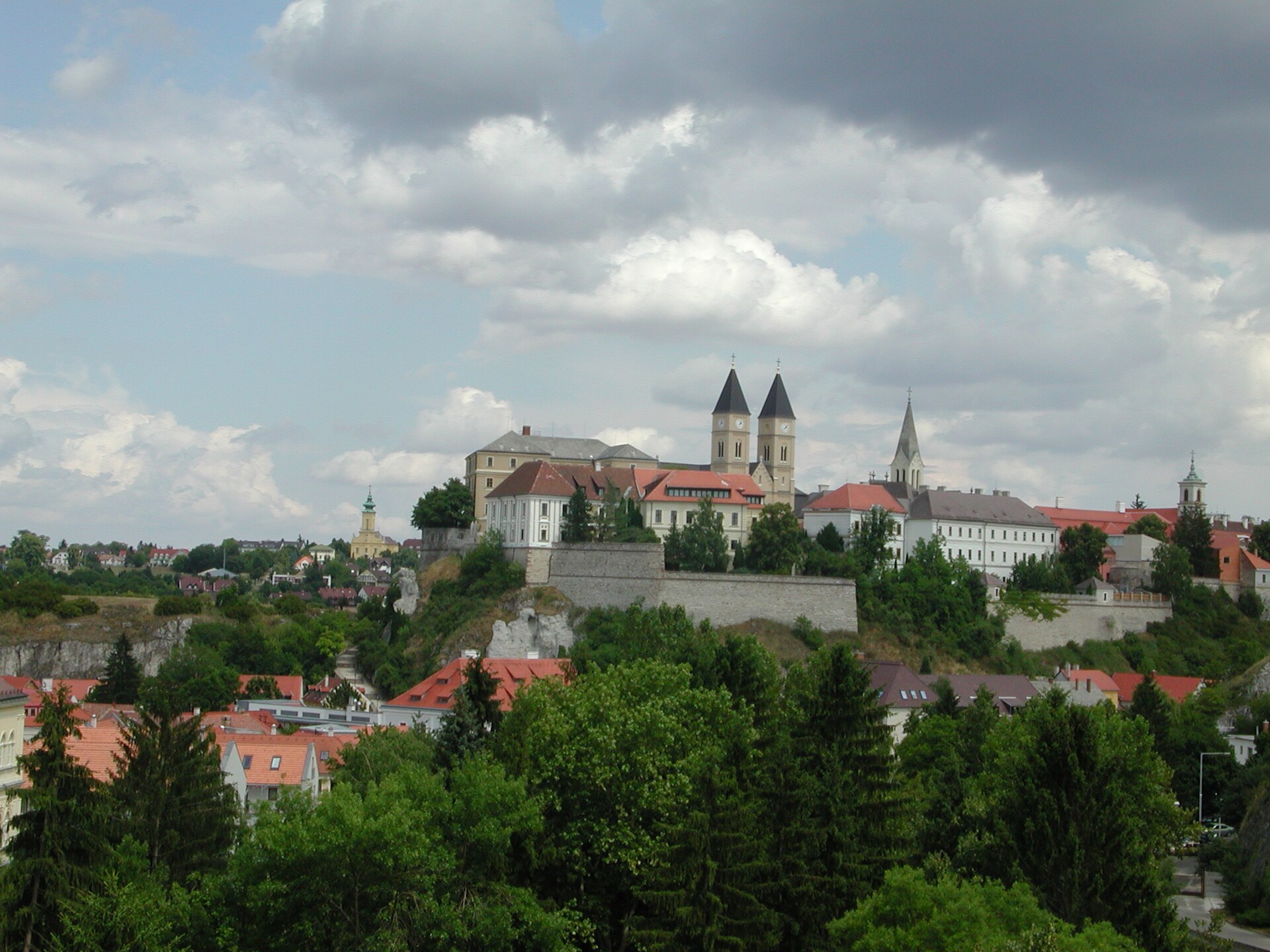 Veszprém castle hill with the twin towers of St Michael’s Cathedral above the treetops