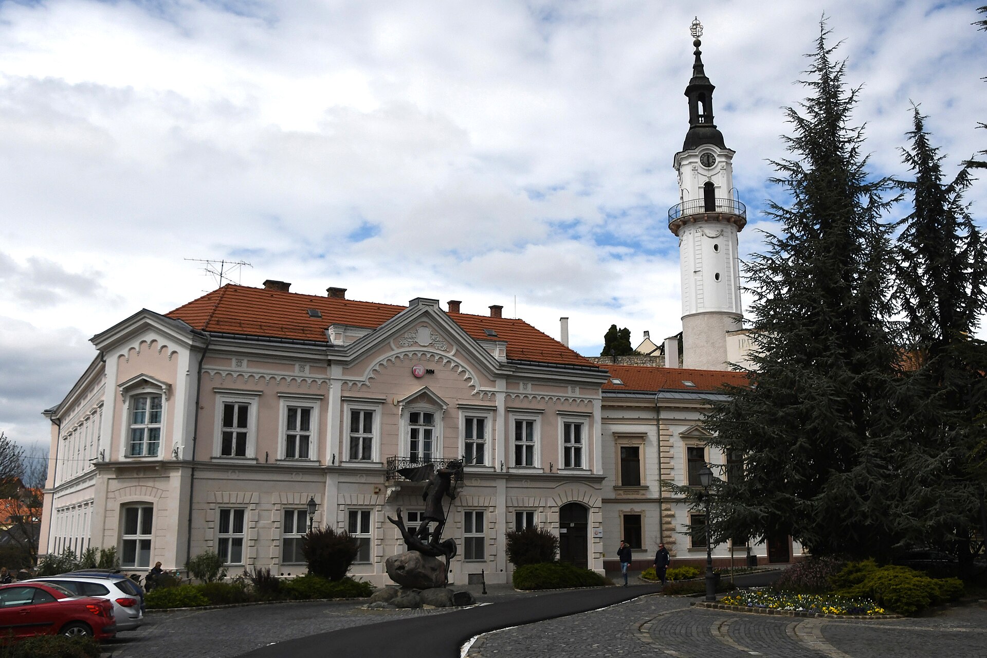 The Fire Tower with its Baroque cupola rising above the houses of Vár utca in Veszprém