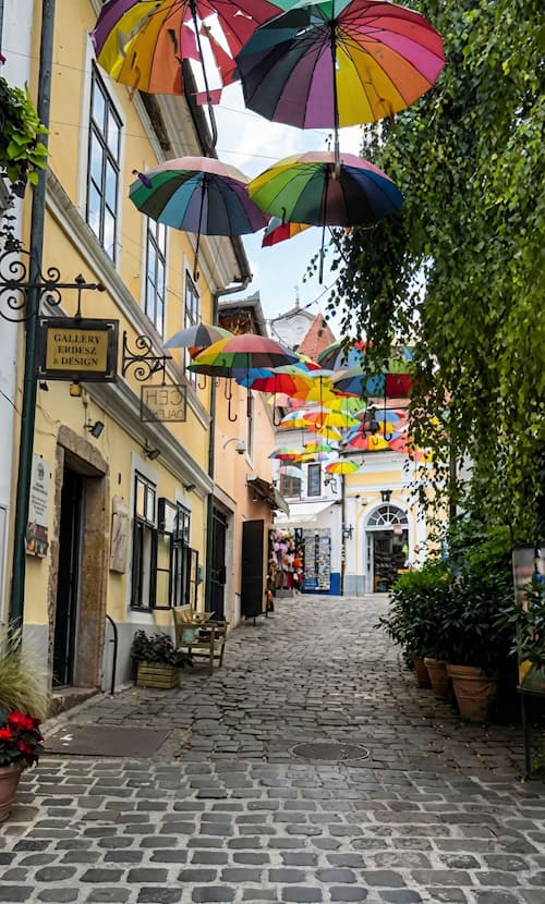 Umbrella Street in Szentendre with colorful umbrellas
