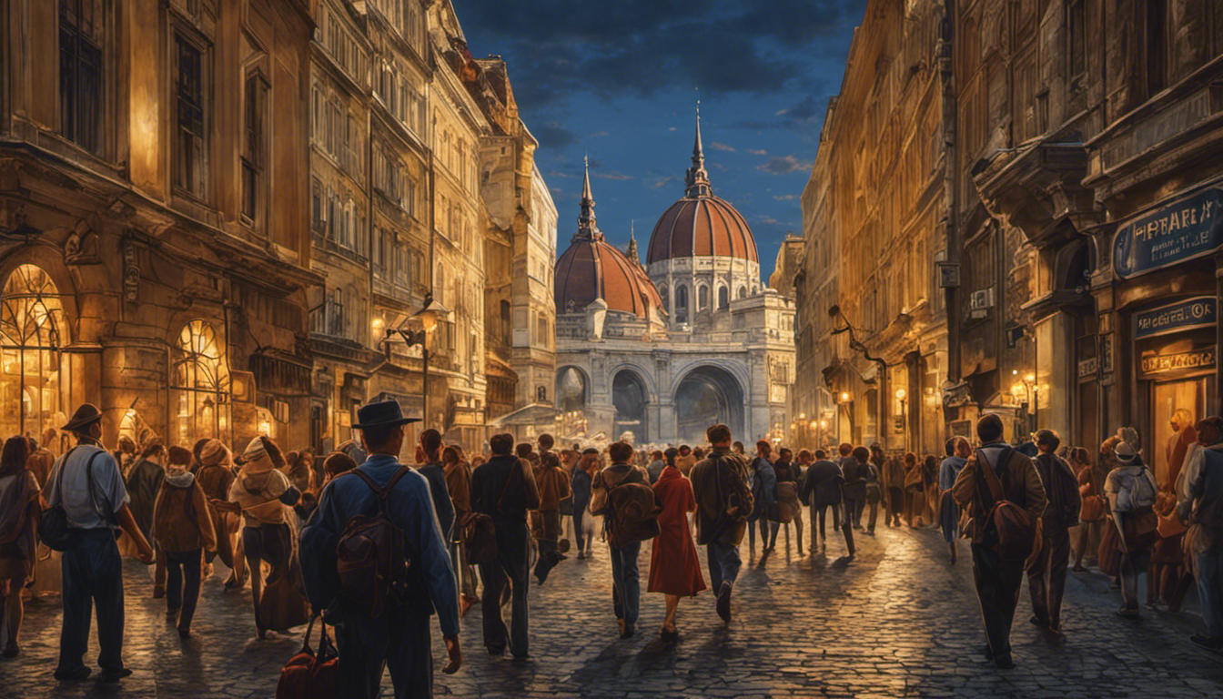 An image depicting a crowded Budapest street with tourists admiring famous landmarks, while pickpockets lurk in the shadows, their hands reaching out towards unsuspecting victims