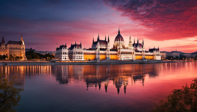 Budapest Parliament at sunset, with its gothic spires illuminated against a crimson sky, reflecting on the Danube River, showcasing its intricate design and grandeur