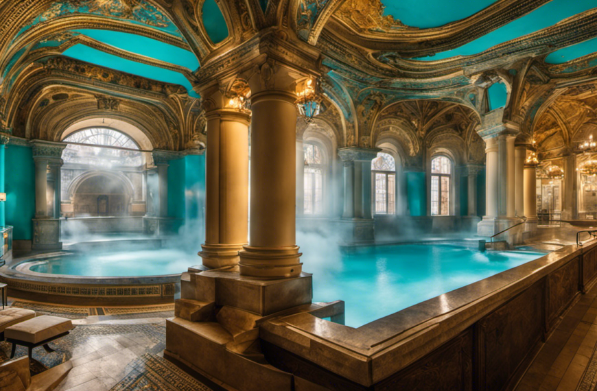  the enchanting allure of Budapest's iconic thermal baths: a mesmerizing blend of ornate architecture, vibrant turquoise pools, and steam rising from the mineral-rich waters, inviting you to indulge in a truly rejuvenating experience