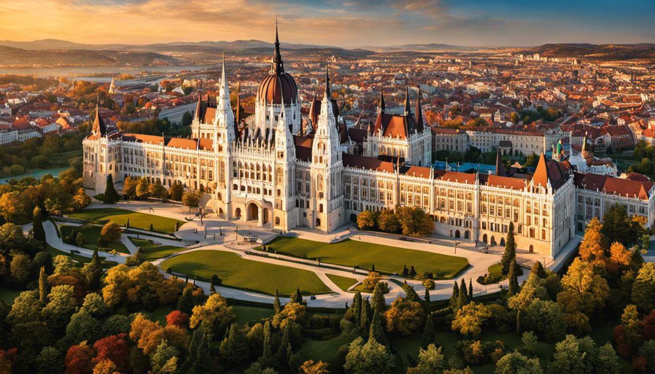 An image capturing the grandeur of Hungary's largest Baroque castle, with its ornate façade, towering spires, and sprawling gardens, surrounded by the picturesque streets of a historic city, echoing centuries of captivating stories