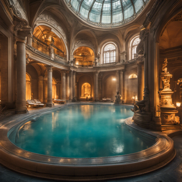 An image showcasing the serene ambiance of Budapest's thermal baths, with steam gently rising from the mineral-rich waters, surrounded by ornate architecture and relaxed bathers enjoying the soothing experience