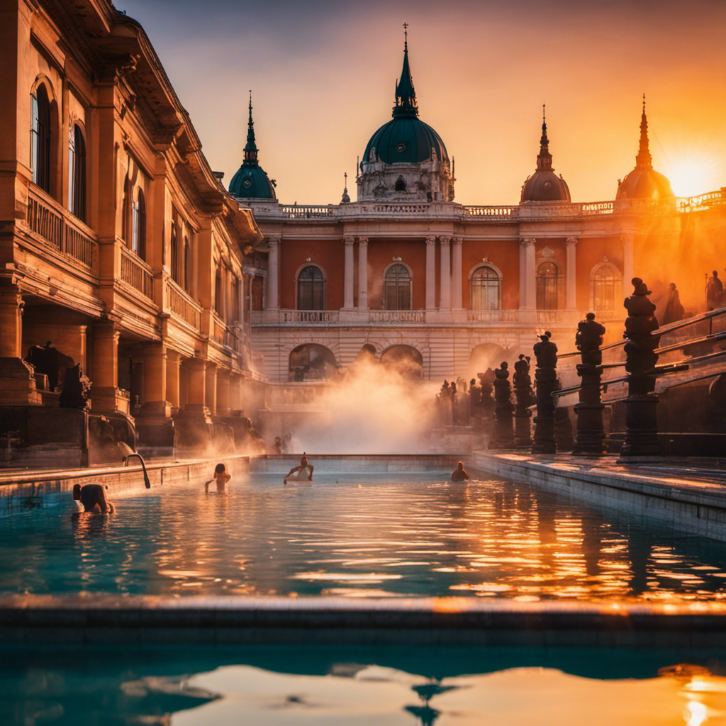 An image capturing the enchanting atmosphere of Budapest's thermal baths at sunset