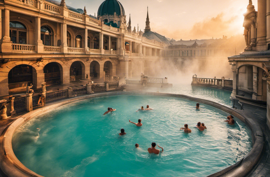 An image capturing the serene ambiance of Budapest's thermal baths, where a group of friends relax in the warm, turquoise waters, surrounded by majestic architecture and steam rising from the surface