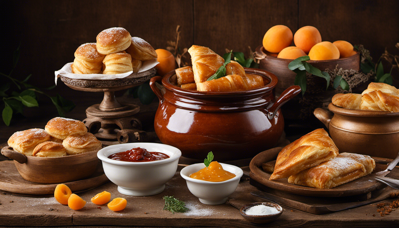 An image featuring a rustic wooden table adorned with an array of traditional Hungarian dishes: steaming goulash in a clay pot, flaky pastries filled with sweet apricot jam, and golden strudels sprinkled with powdered sugar