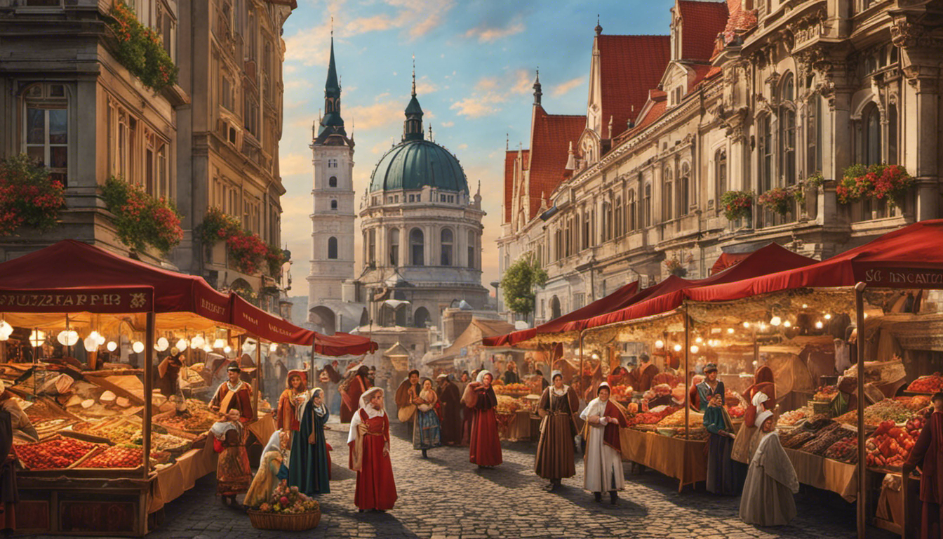 An image capturing the essence of Hungarian history: bustling market squares adorned with traditional folk costumes, a river flowing through medieval castles, and iconic figures like King Saint Stephen and Queen Elizabeth of Hungary