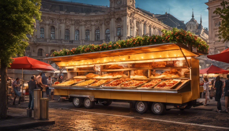 the vibrant essence of Budapest's street food scene with a mouthwatering image of a sizzling lángos, topped with melted cheese, garlic sauce, and sprinkled with crispy bacon bits, served at a bustling food stall in the heart of the city