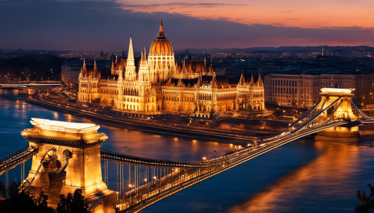An image showcasing the vibrant streets of Budapest at twilight, with a vintage tram gliding through the cityscape