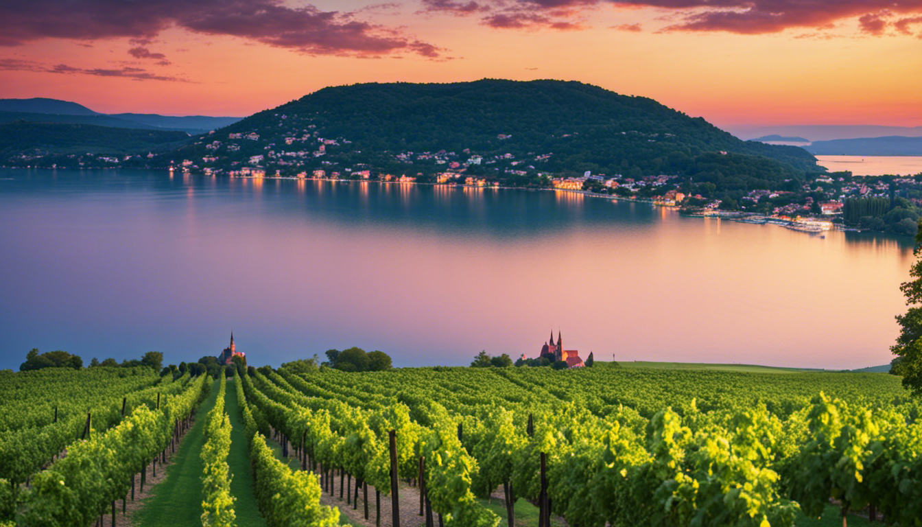 An image showcasing the serene Lake Balaton at sunset, with Tihany's iconic Abbey silhouetted against the sky, surrounded by lush vineyards, and traditional Hungarian folk houses nestled amongst rolling hills