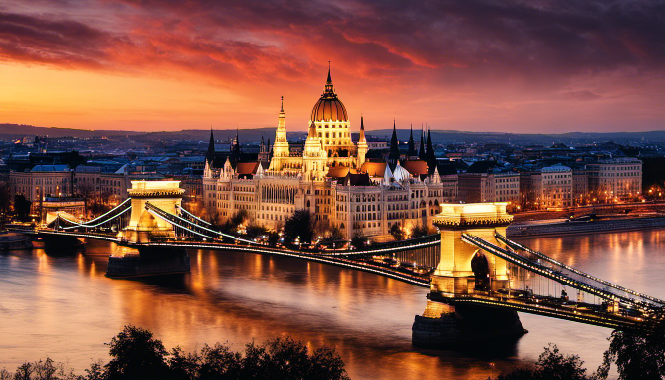 An image capturing the breathtaking view of Budapest's iconic Chain Bridge, adorned with vibrant lights, as the sun sets over the Danube River, inviting readers to explore the enchanting experiences this city has to offer