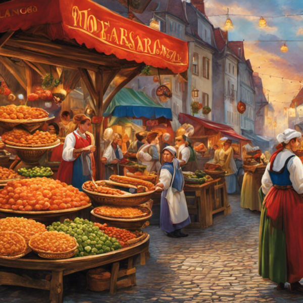 An image showcasing a vibrant Hungarian market, brimming with colorful stalls offering mouthwatering delicacies like langos topped with delectable sour cream, goulash simmering in traditional cauldrons, and chimney cakes dusted with powdered sugar
