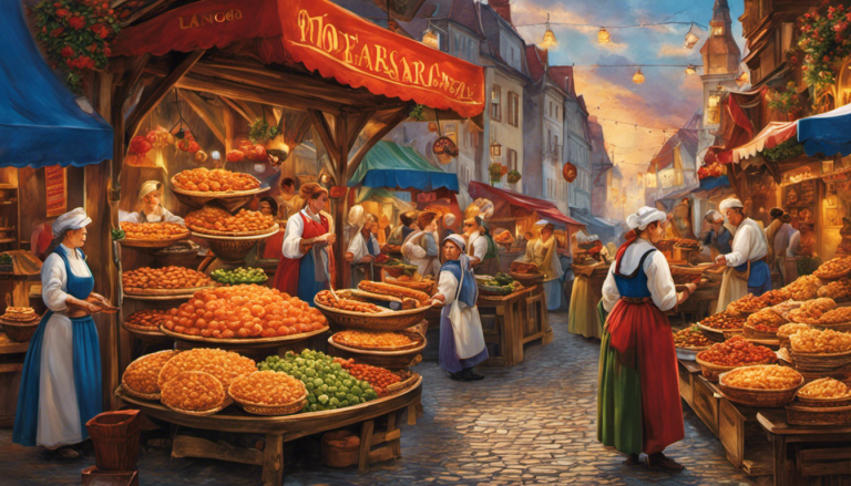 An image showcasing a vibrant Hungarian market, brimming with colorful stalls offering mouthwatering delicacies like langos topped with delectable sour cream, goulash simmering in traditional cauldrons, and chimney cakes dusted with powdered sugar