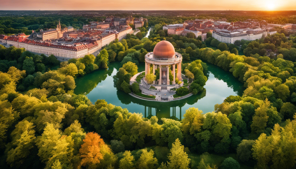 Al view of Margitsziget, highlighting lush green parks, historic ruins, thermal bath, open-air theater, and the iconic Water Tower, bathed in soft sunset hues