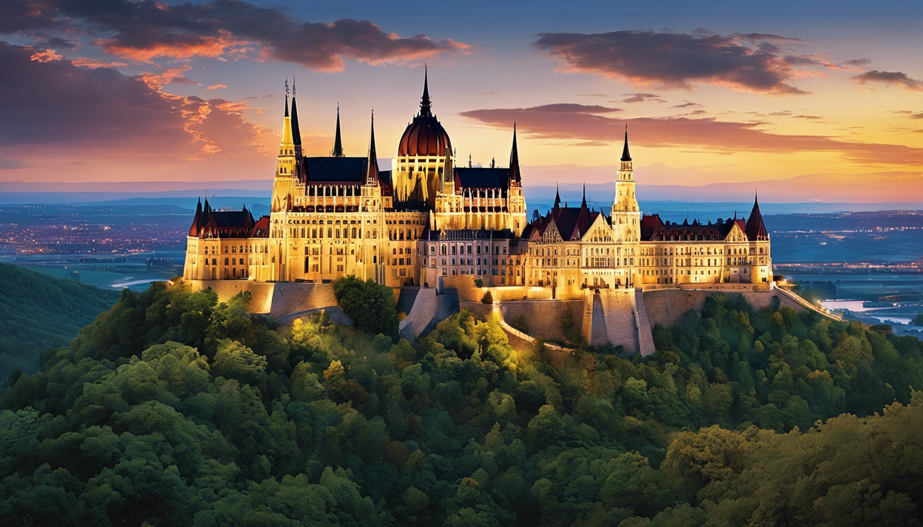 Ate a collage of Hungary's 16 most famous castles, showcasing diverse architectural styles, surrounded by dramatic landscapes, with a subtle twilight glow to evoke a sense of history and myth
