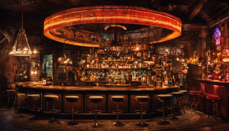 An image showcasing a collage of Budapest's top 10 eclectic ruin bars, featuring vintage furniture, quirky art installations, and mood lighting, with a vibrant, bustling atmosphere