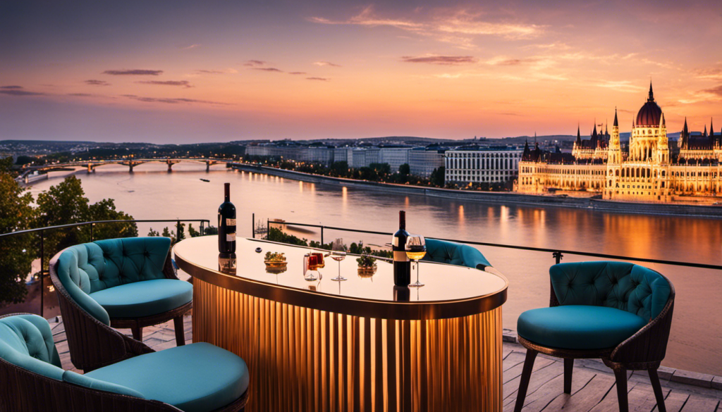An image of a chic rooftop bar in Budapest at sunset, with elegant glasses of wine, the Danube River, and the illuminated Parliament in the background