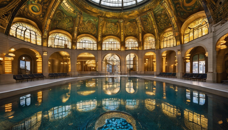 An image featuring the Gellért Thermal Bath's iconic Art Nouveau façade with elegant mosaics, and visitors leisurely soaking in the steamy, medicinal waters under the ornate glass roof