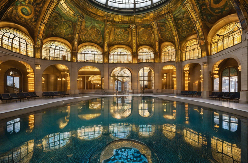 An image featuring the Gellért Thermal Bath's iconic Art Nouveau façade with elegant mosaics, and visitors leisurely soaking in the steamy, medicinal waters under the ornate glass roof