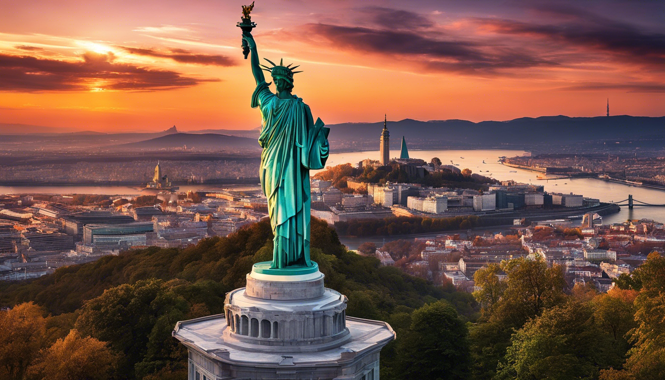 A majestic image of the Liberty Statue on Gellért Hill, silhouetted against a sunset, with a panoramic view of the cityscape below