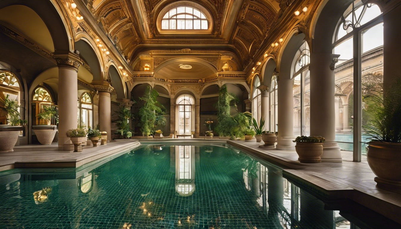 Lukacs Thermal Bath steamy medicinal pools with classical architecture and lush greenery in Budapest