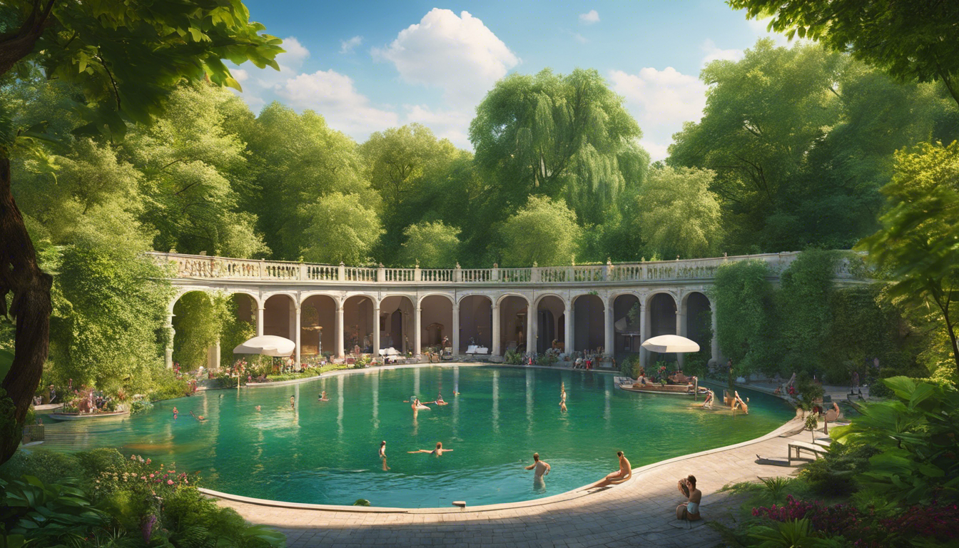 Palatinus Bath outdoor swimming pools surrounded by lush greenery on Margaret Island Budapest