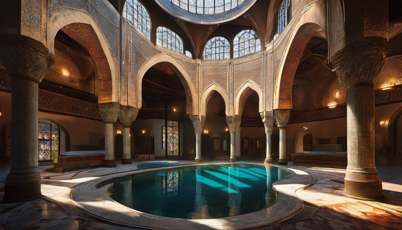 the steamy, serene interior of Rudas Baths, with patrons relaxing in the traditional Ottoman architecture, highlighting the central pool's reflective water and the ambient glow of sunlight through stained-glass windows