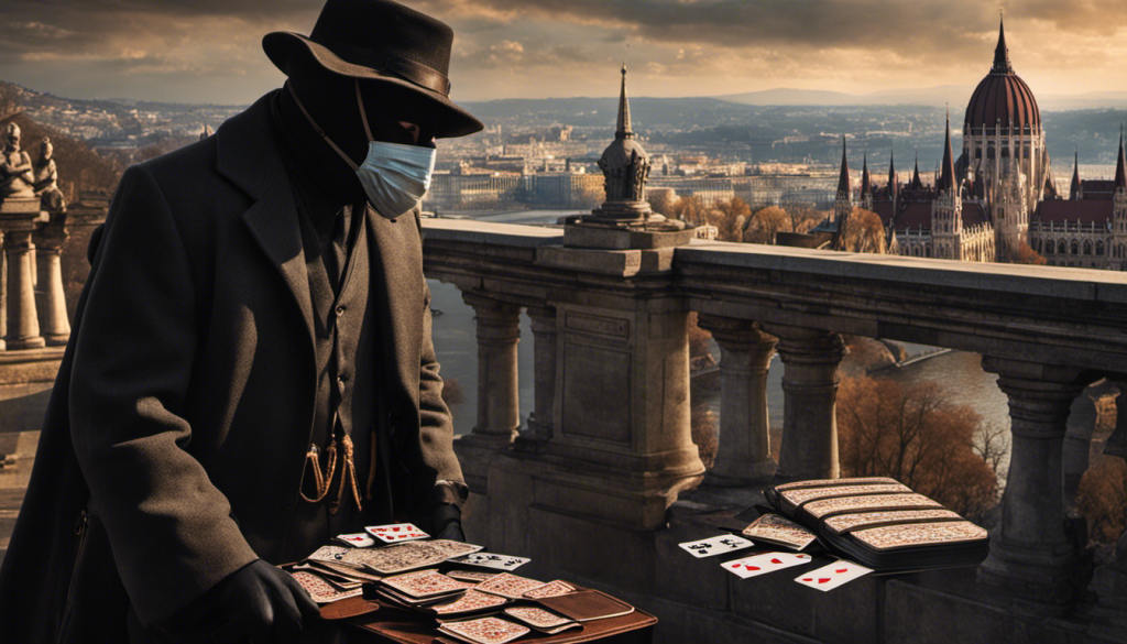 E an image of a shadowy figure pocketing a wallet near famous Budapest landmarks, with a deceptive mask in hand, and scattered playing cards at his feet